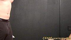 Classy Brunette Amateur in Heels Gives Handjob in CFNM