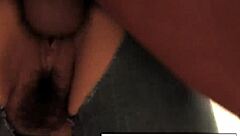 Nude brunette Japanese teen babe sucks and fucks three guys with hairy pussy.