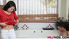 I watch my Asian stepmom teach my girlfriend with her big cock.