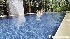 hot babe swims and teases cock poolside