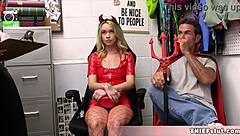 cute blonde teen caught in halloween costume, punished with rough threesome