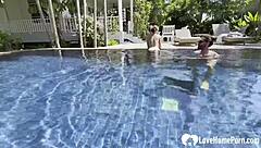 hot babe swims and teases cock poolside