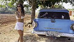 Shameless Monika Fox exposes naked tits while pissing outdoors under a tree