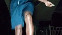 park workout with mature athletic beauty solo fitness session