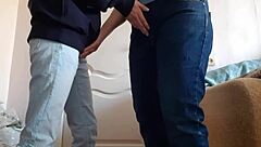 Teacher and student risky mutual masturbation in university jeans