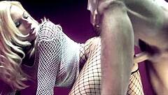 Guy rips mistress's fishnets to fuck her pussy with monster cock while chained and riding