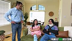 Stepsister tends to injured stepbrother and stepdad with intimate care in steamy 3some.