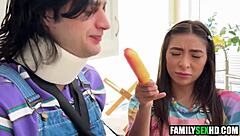 Stepsister tends to injured stepbrother and stepdad with intimate care in steamy 3some.