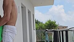 Beautiful woman fucks Tommy Cabrio on balcony with neighbors watching