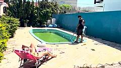 Brazilian milf waits for husband to leave, fucks pool cleaner outdoors in sheer