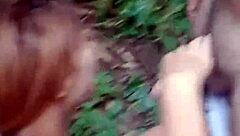 Teasing blowjob on big cock in the forest leads to cum on tits.