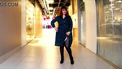 BBW milf flashes big boobs in mall then rides cock