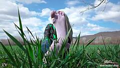 goddess feet in cute white socks on spring grass field 🌸