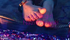 Bratty girl dominates with footjob training, sucking and licking feet, using toys on tits and ass until cum