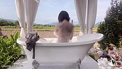 Beautiful skinny spanish student takes homemade bath bent over in public rice field bathroom