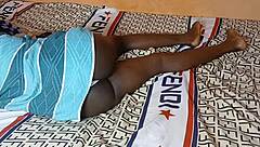 Bold teen ebony stepsister rides tight cock on my bed in homemade scene.