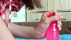 innocent girl explores big dildo in pantyhose