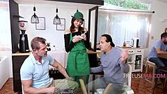 Hey, welcome to Starfucks where Cassie Del Isla is getting free use in a public threesome.