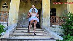 Spooky Halloween trailer in haunted house.