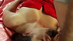 French amateur in red satin lingerie gives blowjob and rides in doggy with anal plug spanking