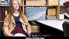 Cute redhead teen shoplifter searched by security guard Ella Hughes.