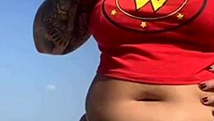 Beach tattoo, guy excited, show pussy!