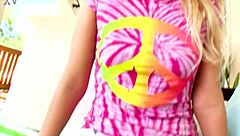 vanessa cage with blue eyes and small tits gives pov blowjob to big cock and swallows cum outdoors