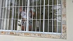 Wife in tight clothes cleans house, gets cum in mouth