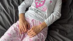 Horny 18-Year-Old Teen in Pajamas Fingers Shaved Pussy to Squirt Before Receiving Cumshot on Big Cock