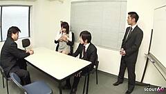 japanese secretary teen 18+ seduces old co-workers for blowbang in office