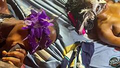 Two sexy slim teen 18+s play with themselves & each other before hardcore foursome with two big black dicks