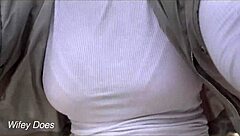 Wifey goes for a public dare bike ride braless with her amazing tits in a tight white shirt. I can't believe she flashed those big boobs!