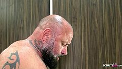 German teen seduces step mom's friend to suck old cock in bathroom