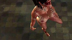 Busty tanned Lara Croft performs nude ritual dance on balcony