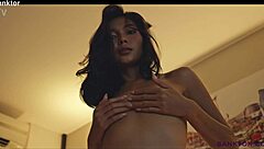 Skinny asian babe dances to music, reaching orgasm with her shaved pussy