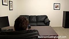 Shy Latina amateur in backroom interview behind scenes office reality first time on sofa