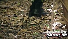 Blonde slim babe dragged into forest spanking session