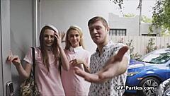 Teen flight attendants spread wide for massive cocks in POV foursome