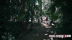 Blonde slim babe dragged into forest spanking session