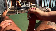 I watch my mother-in-law give sloppy handjob on ocean terrace