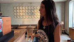 Babe does crazy cumwalk in Starbucks after blowjob in toilet