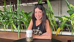 Babe does crazy cumwalk in Starbucks after blowjob in toilet