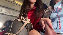 Risky public jerking off on a crowded plane with flashing