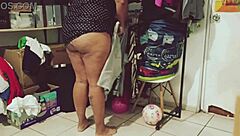 Curvy Mexican BBW cleans room voyeur style