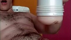 pretty boy uses toy to cum for first time on bed