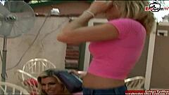 Busty blondes share big cock passionately