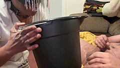 Kneeling whore facefucked drinks puke from bucket
