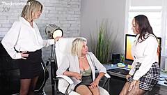 Blonde Lesbian Girls Kissing and Playing with Toys at Office Party