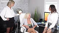 Blonde Lesbian Girls Kissing and Playing with Toys at Office Party