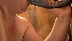 BBW gags on monster dildo